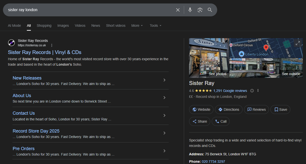 Google search results page for Sister Ray Records showing store information, reviews, photos and address on Berwick Street.