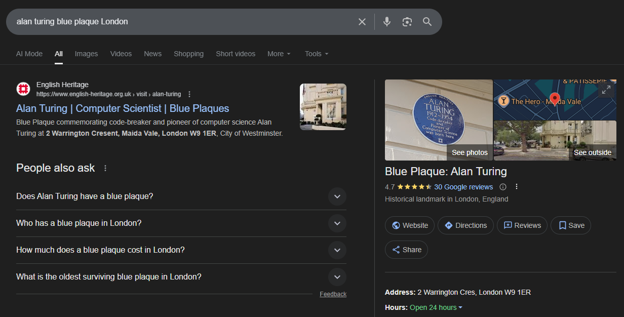 Google search results page displaying the Alan Turing blue plaque with map location, photos and English Heritage link.