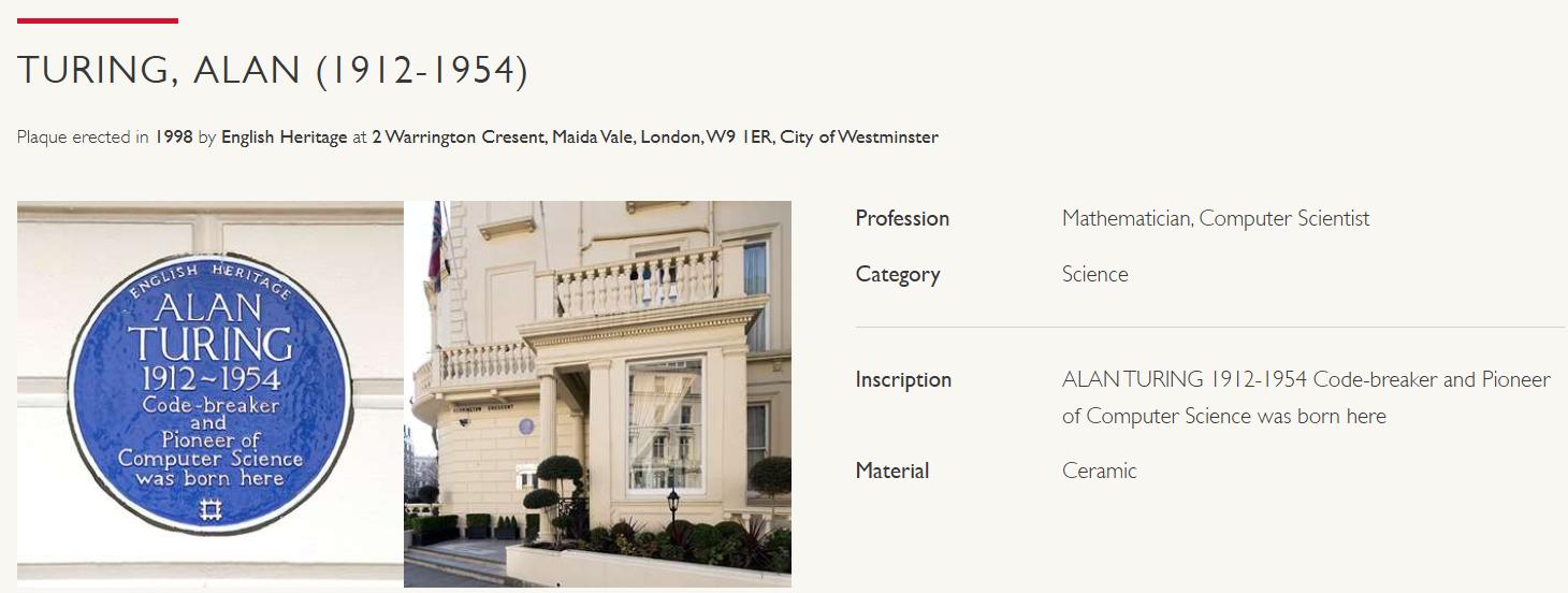Screenshot of the English Heritage webpage for Alan Turing’s blue plaque, showing the plaque and the exterior of the building.