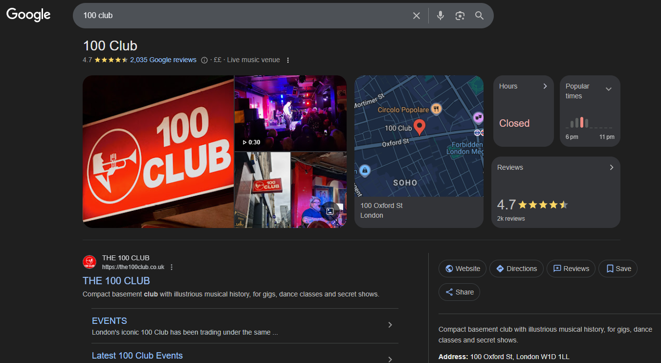 Google search results page for “100 Club,” showing photos of the venue, its location on Oxford Street and the venue’s description and ratings.