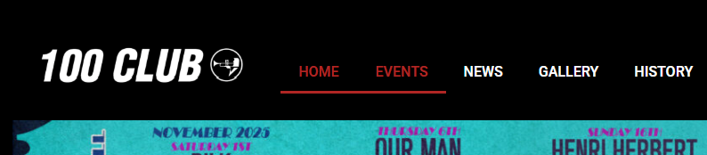 Screenshot of the 100 Club website header with navigation menu highlighting the Events section.