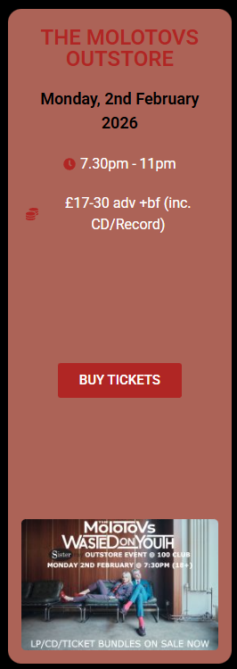 Screenshot of The Molotovs Outstore event listing showing date, time, ticket price and promotional poster at the bottom.