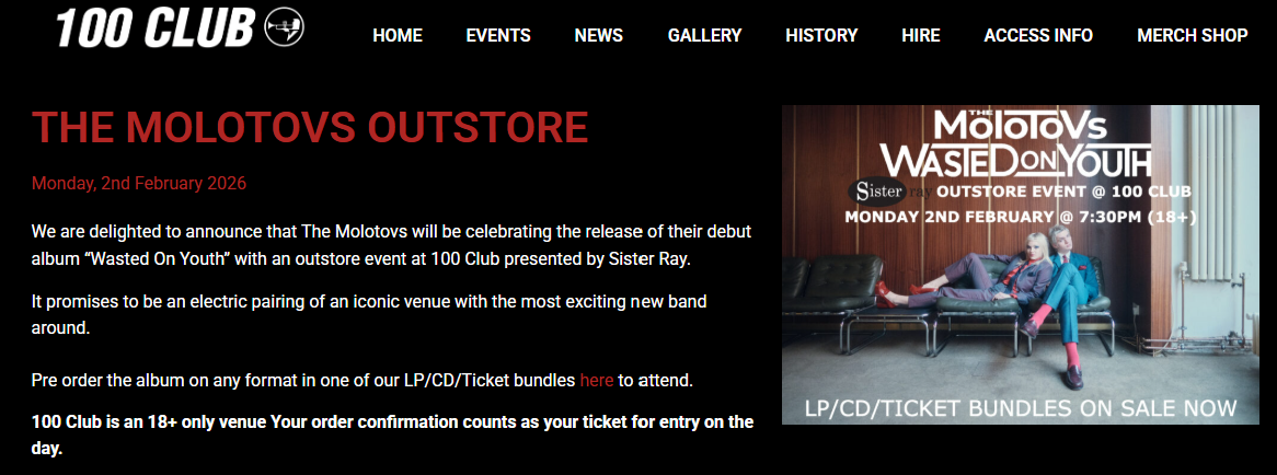 100 Club event page announcing The Molotovs Outstore performance with date, time and promotional image.