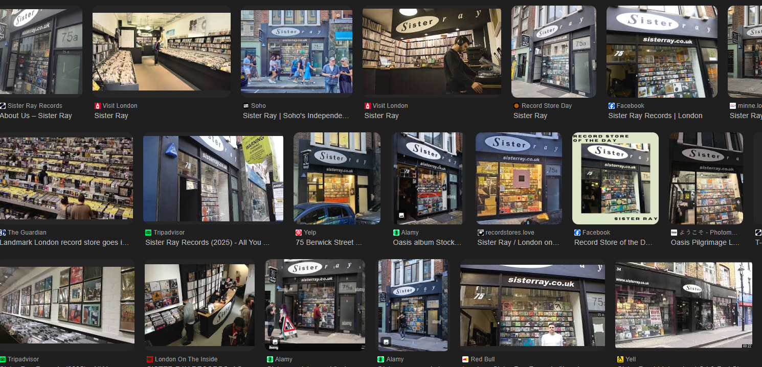 A collection of Google image results showing various exterior and interior photos of the Sister Ray record store in Soho.