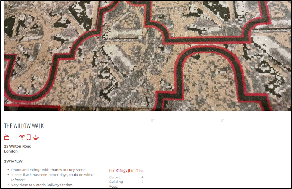 Close-up photograph of the patterned carpet at The Willow Walk Wetherspoons pub in London.