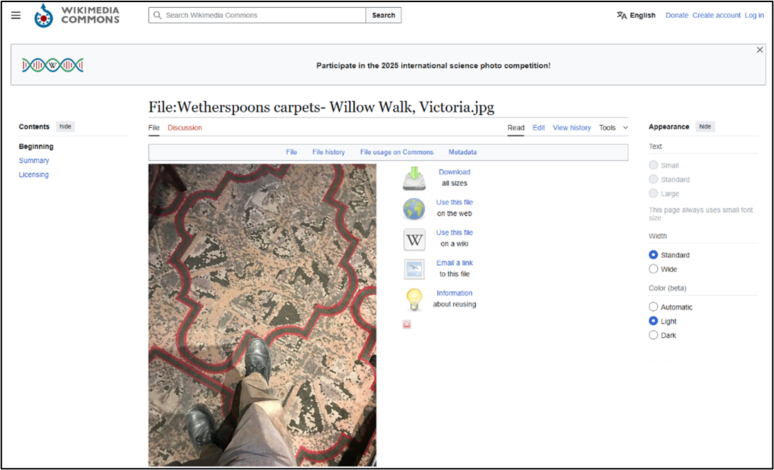 Screenshot of a Wikimedia Commons page displaying a photo of the patterned carpet from The Willow Walk Wetherspoons pub.