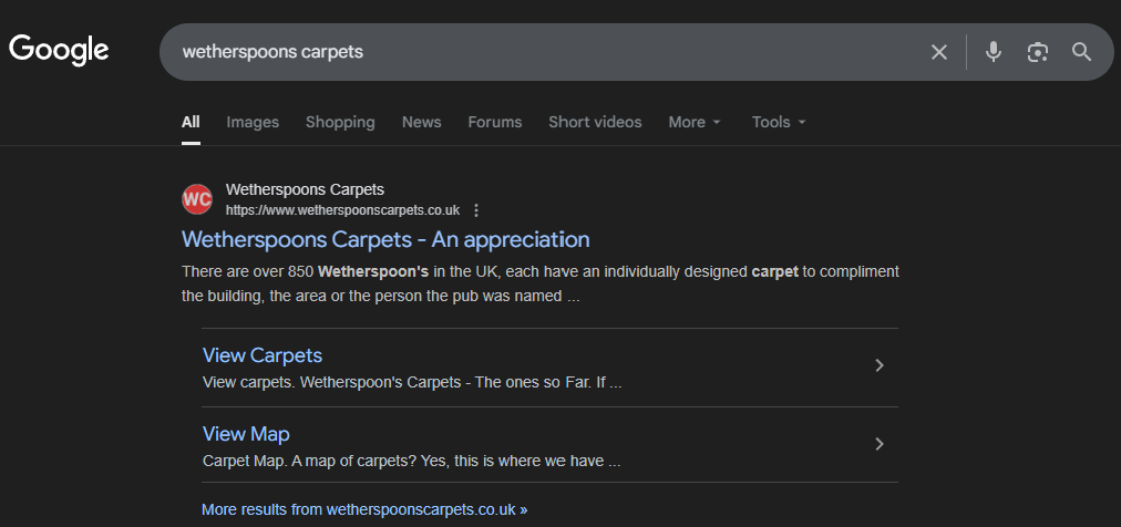 Google search results for “wetherspoons carpets,” showing a website snippet describing Wetherspoons’ individually designed carpets.