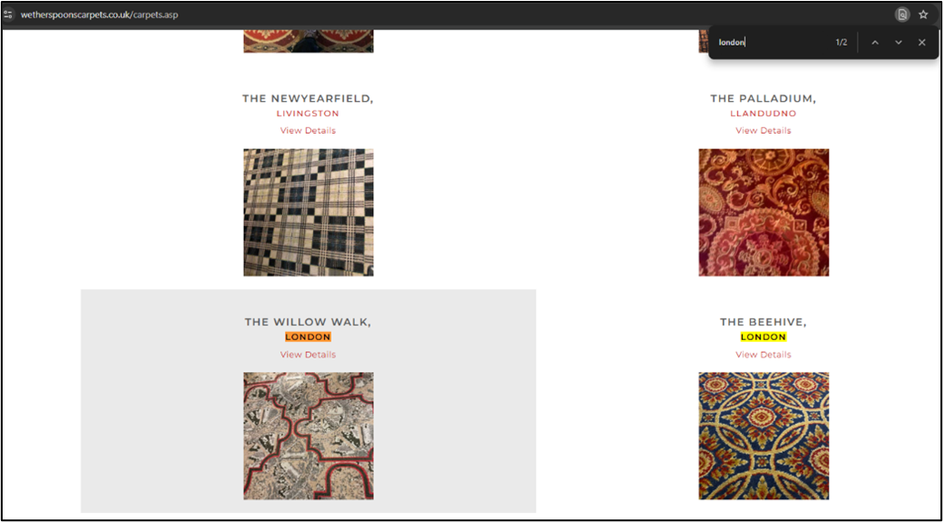 Screenshot of the Wetherspoons Carpets directory page showing various pub carpet thumbnails, including The Willow Walk in London.
