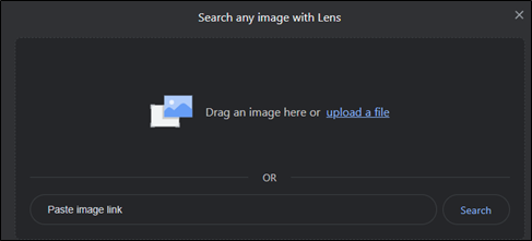 Screenshot of the Google Lens interface prompting the user to drag an image or upload a file for visual search.