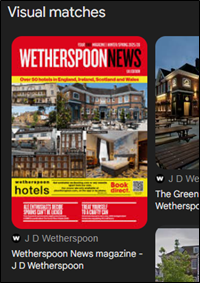 Google visual match result showing the Wetherspoon News magazine cover with a red header.