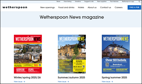 Screenshot of the Wetherspoons website displaying several editions of Wetherspoon News in a grid layout.
