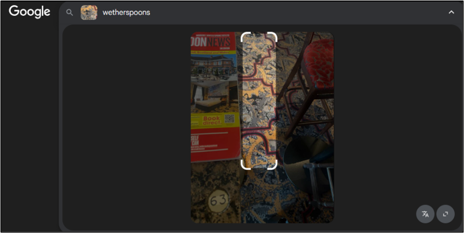 Google Lens results after searching “wetherspoons,” showing the scanned carpet and related visual matches.