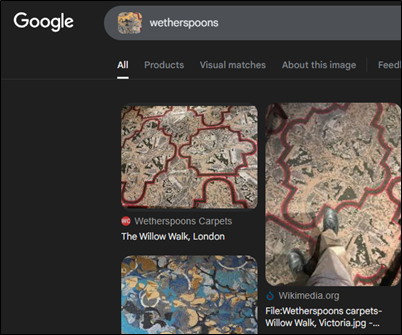 Image results from Google showing photos of patterned carpets commonly found in Wetherspoons pubs.