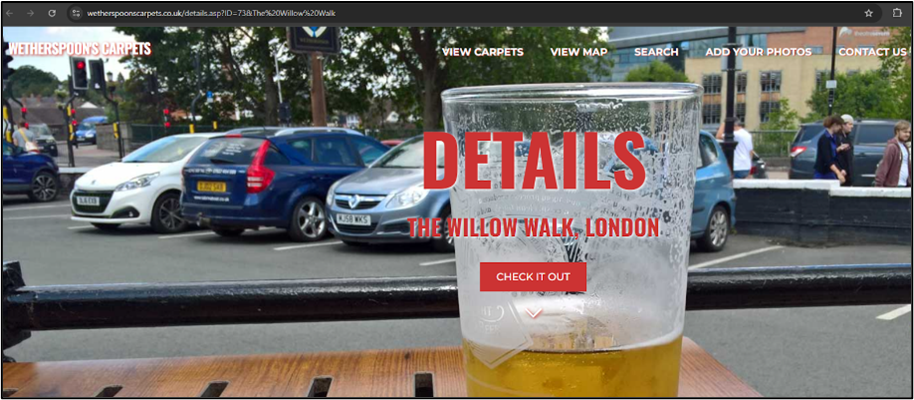 Screenshot of the Wetherspoons Carpets website displaying the entry for The Willow Walk pub.