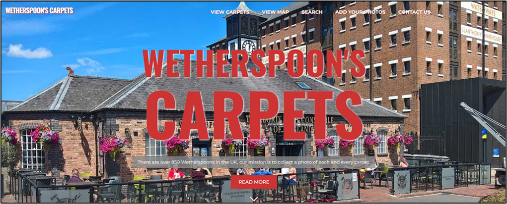 Homepage of the Wetherspoons Carpets website showing an exterior pub photo with large red text reading “Wetherspoon’s Carpets.”