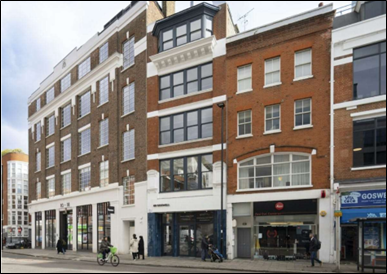 Street-level image of buildings on Goswell Road, featuring mixed architecture and ground-floor shops.