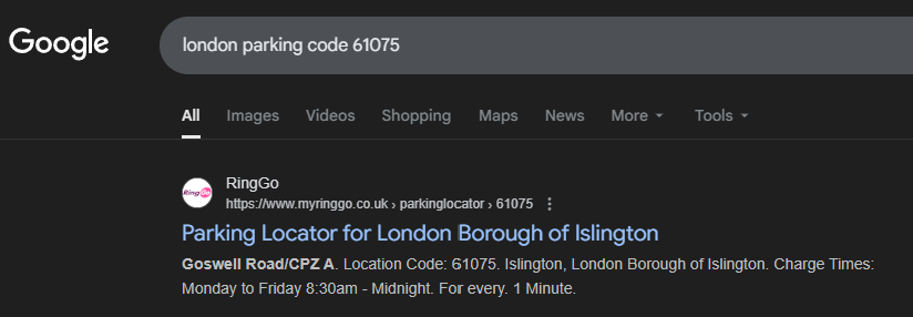 Google search results page for “London parking code 61075,” showing RingGo listing identifying the location as Goswell Road in Islington.