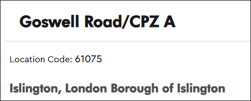 RingGo webpage displaying location code 61075 for Goswell Road, CPZ A, in the London Borough of Islington.