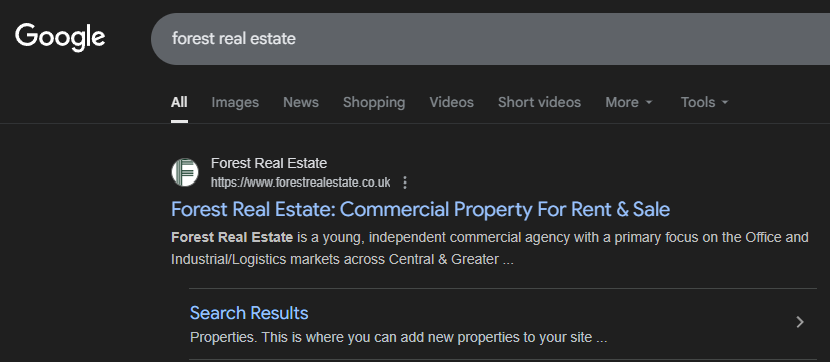 Google search results for “Forest Real Estate,” showing the top result for the commercial property agency in London.