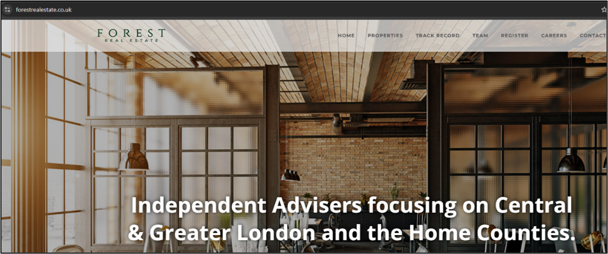 Homepage of Forest Real Estate website, advertising commercial properties in Central and Greater London.