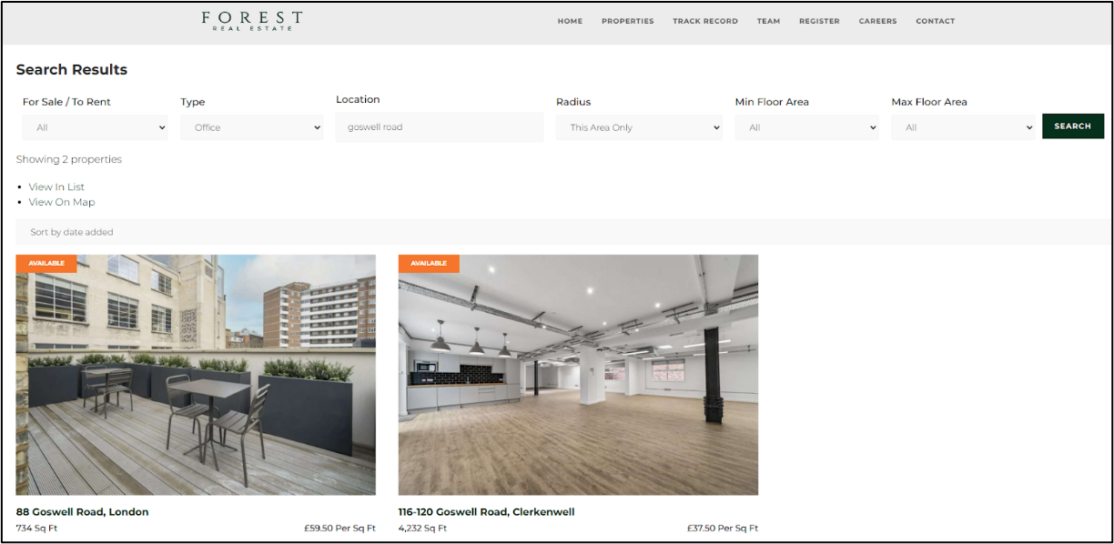 Forest Real Estate property search results filtered for Goswell Road, displaying two available commercial units.