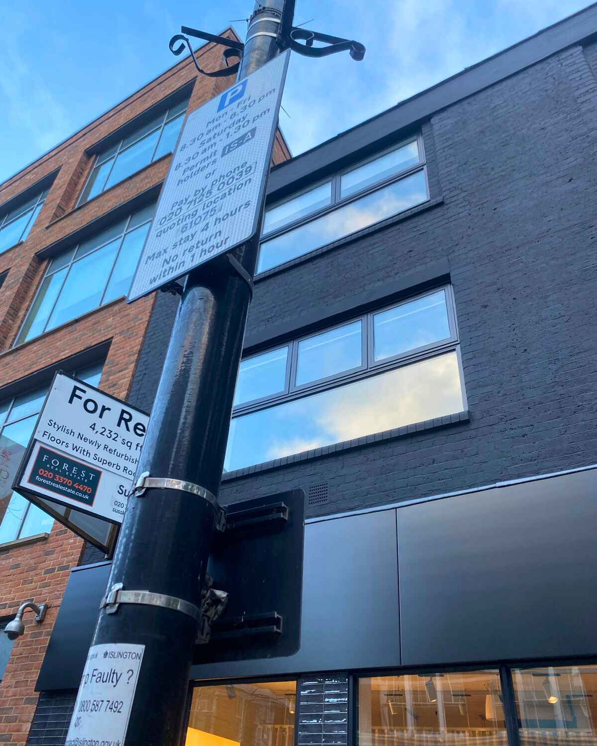 Street-level photo of a with a parking sign and a Forest Real Estate For Rent sign attached to a lamppost.