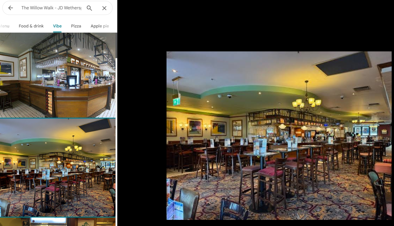 Interior view of The Willow Walk pub in Victoria from Google Maps’ “Vibe” tab, showing seating area, patterned carpet and bar layout.